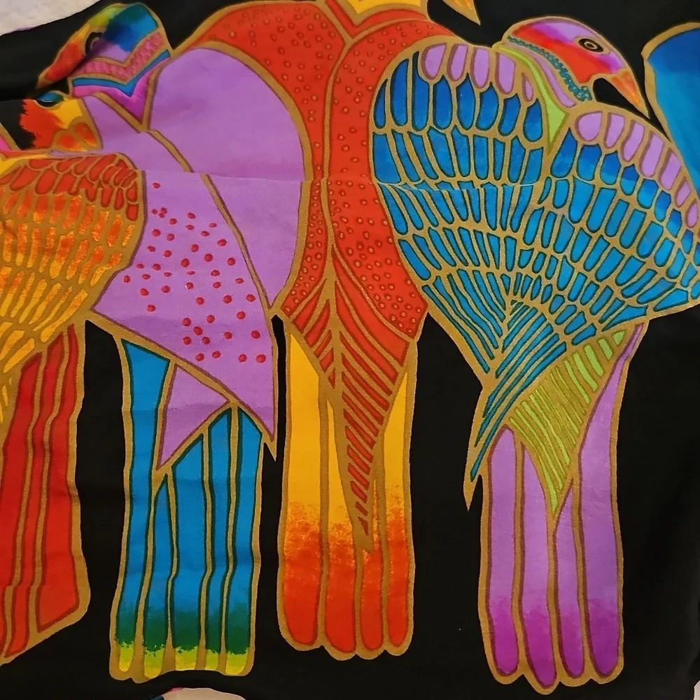 LAUREL BURCH Colorful Rainbow Tropical Bird Print Silk Resort Festival Scarf